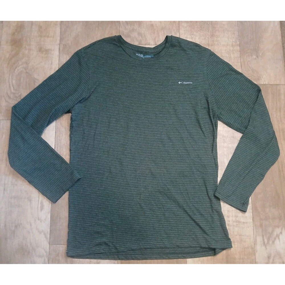 Columbia Shirt Mens Sz 2XL Green Long Sleeve Crew Neck Striped Logo Lightweight